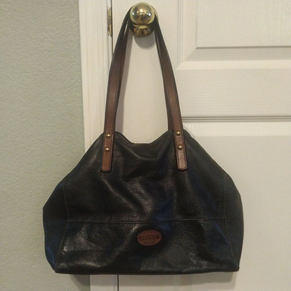 Fossil Black and Brown Pebble Leather Women's Tote Shoulder Bag